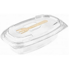 Oval container 250ml 175*115*40mm with wooden fork, hinged lid, transparent